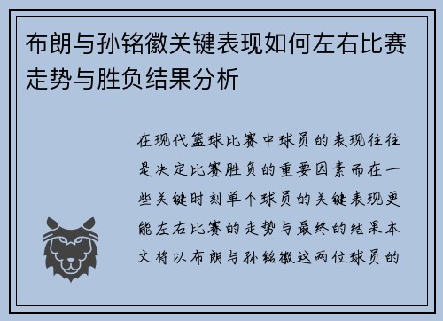 布朗与孙铭徽关键表现如何左右比赛走势与胜负结果分析